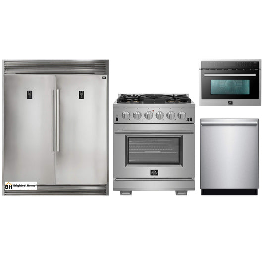 Forno 4-Piece Pro Appliance Package - 30-Inch Gas Range, 56-Inch Pro-Style Refrigerator, Microwave Oven, & 3-Rack Dishwasher in Stainless Steel