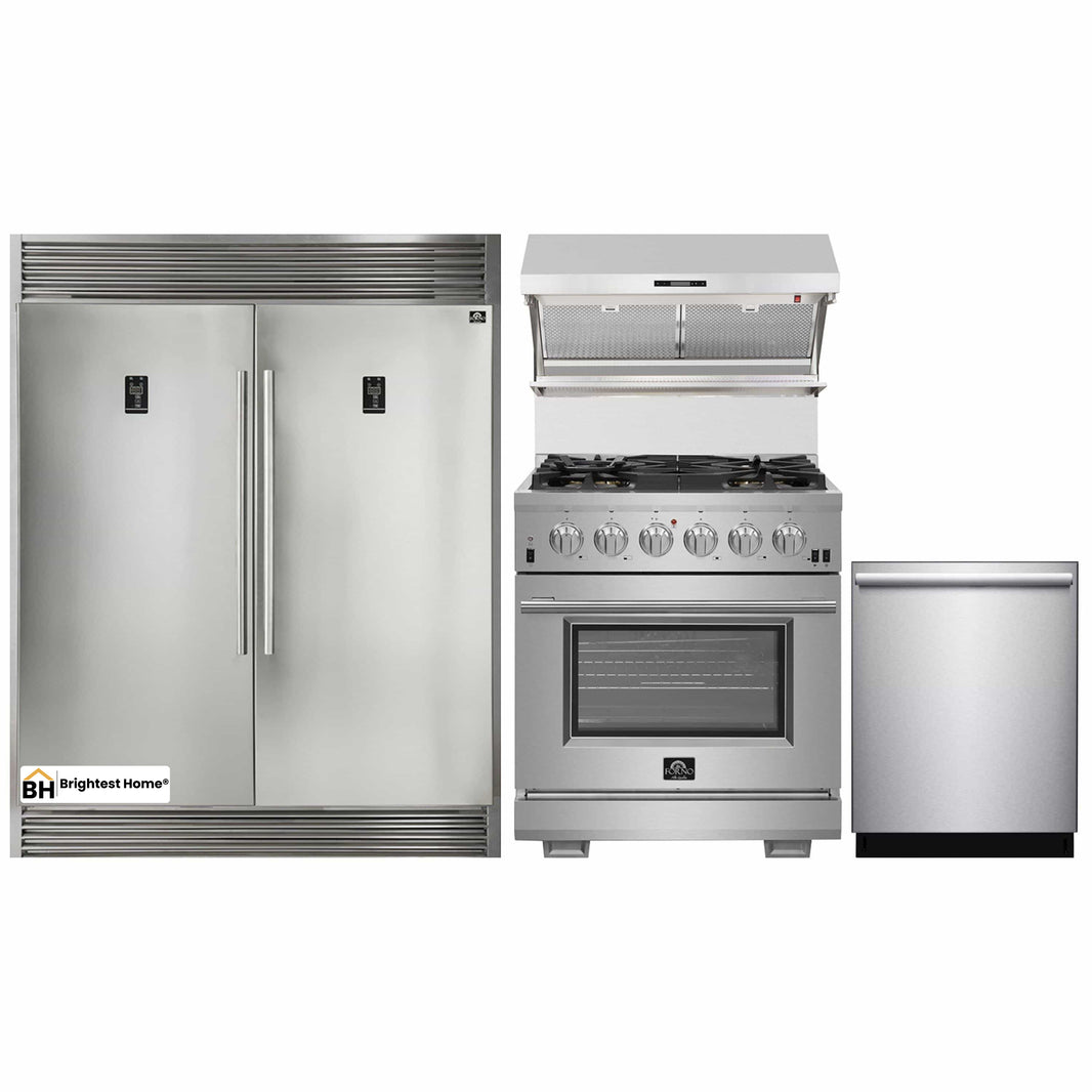 Forno 4-Piece Pro Appliance Package - 30-Inch Gas Range, 56-Inch Pro-Style Refrigerator, Wall Mount Hood with Backsplash, and Dishwasher in Stainless Steel