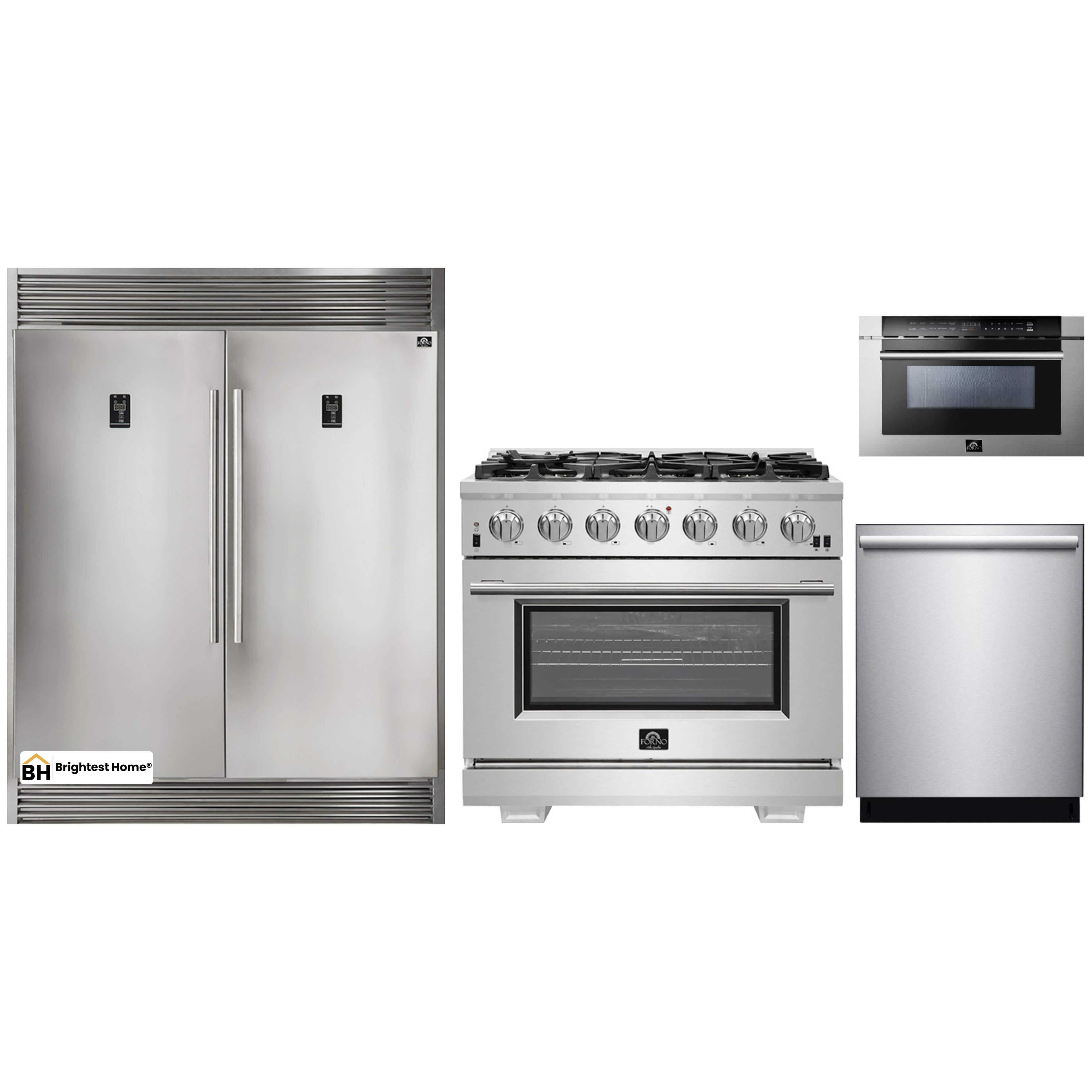 Forno 4-Piece Pro Appliance Package - 36-Inch Gas Range, 56-Inch Pro-Style Refrigerator, Microwave Drawer, & 3-Rack Dishwasher in Stainless Steel