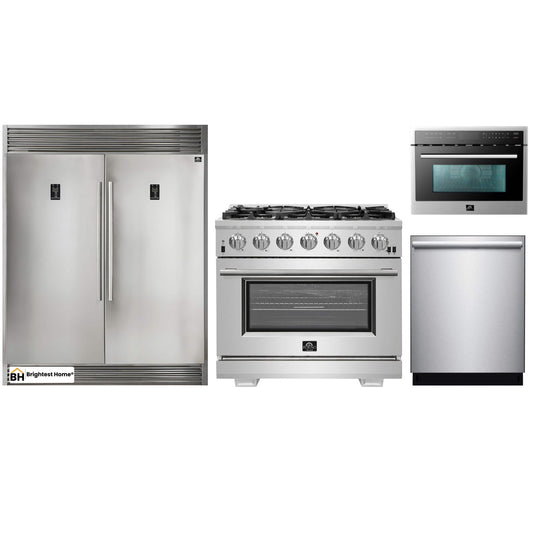 Forno 4-Piece Pro Appliance Package - 36-Inch Gas Range, 56-Inch Pro-Style Refrigerator, Microwave Oven, & 3-Rack Dishwasher in Stainless Steel