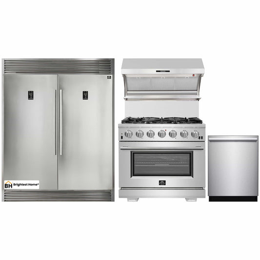 Forno 4-Piece Pro Appliance Package - 36-Inch Gas Range, Wall Mount Hood with Backsplash, 56-Inch Pro-Style Refrigerator, and Dishwasher in Stainless Steel