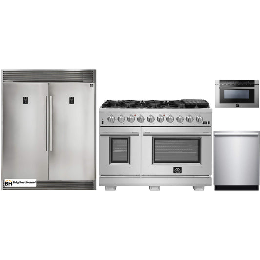 Forno 4-Piece Pro Appliance Package - 48-Inch Gas Range, 56-Inch Pro-Style Refrigerator, Microwave Drawer, & 3-Rack Dishwasher in Stainless Steel