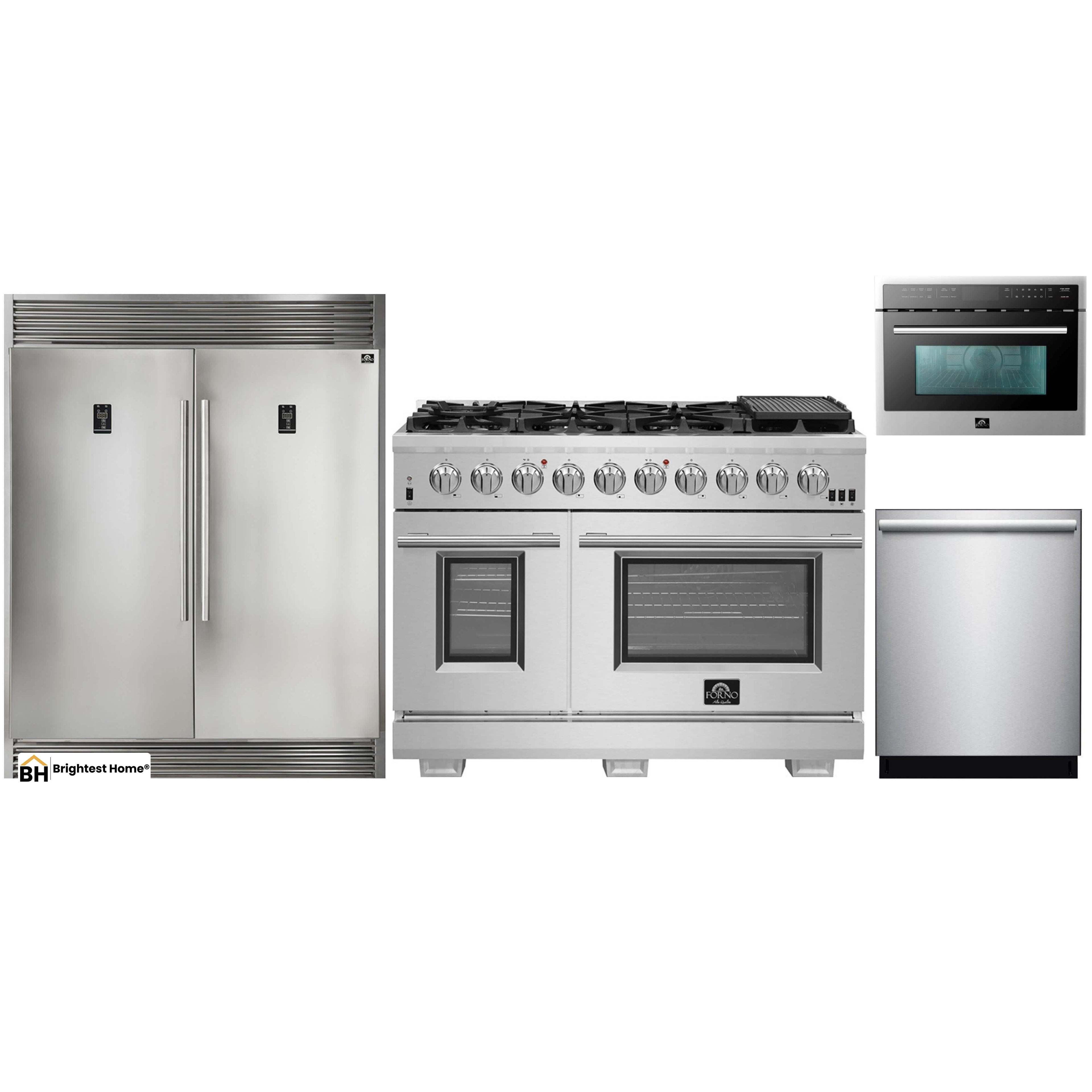 Forno 4-Piece Pro Appliance Package - 48-Inch Gas Range, 56-Inch Pro-Style Refrigerator, Microwave Oven, & 3-Rack Dishwasher in Stainless Steel