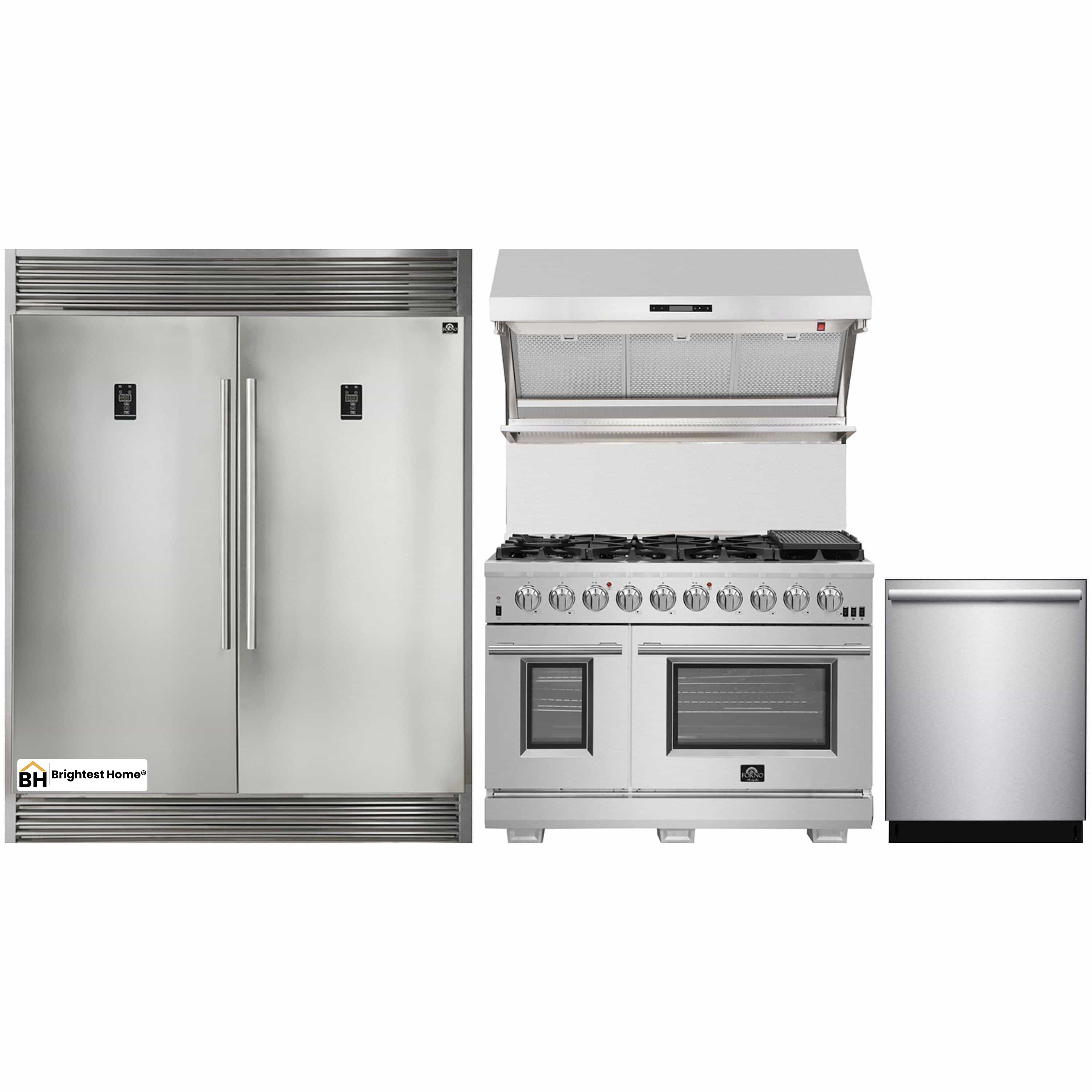 Forno 4-Piece Pro Appliance Package - 48-Inch Gas Range, Premium Hood, 56-Inch Pro-Style Refrigerator, and Dishwasher in Stainless Steel