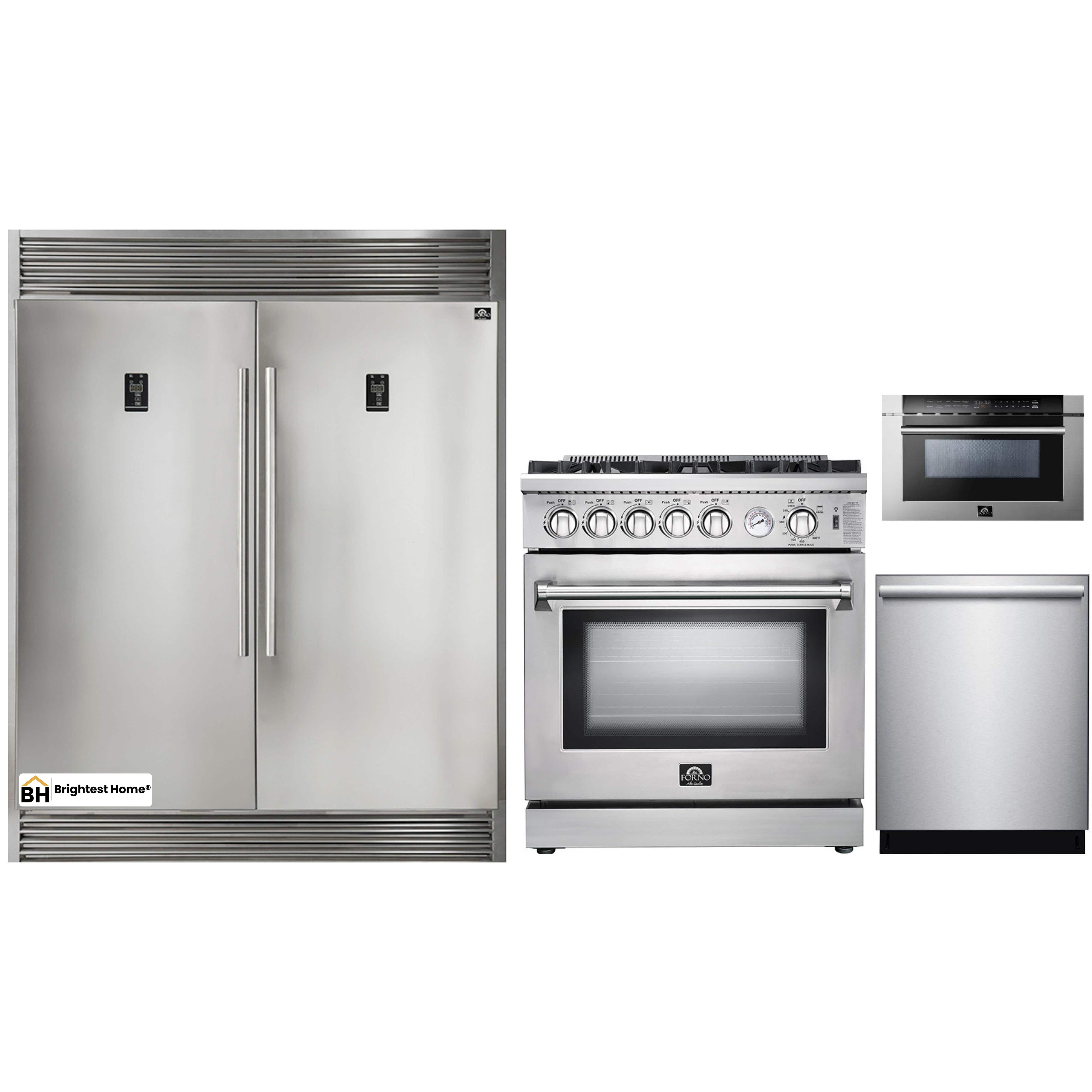 Forno 4-Piece Appliance Package - 30-Inch Gas Range, 56-Inch Pro-Style Refrigerator, Microwave Drawer, & 3-Rack Dishwasher in Stainless Steel