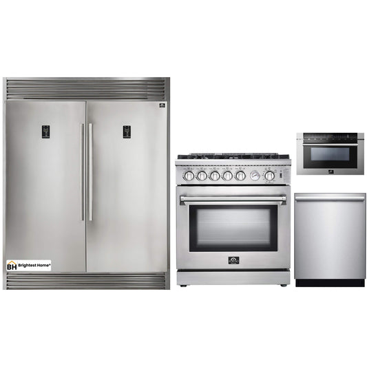 Forno 4-Piece Appliance Package - 30-Inch Gas Range, 56-Inch Pro-Style Refrigerator, Microwave Drawer, & 3-Rack Dishwasher in Stainless Steel