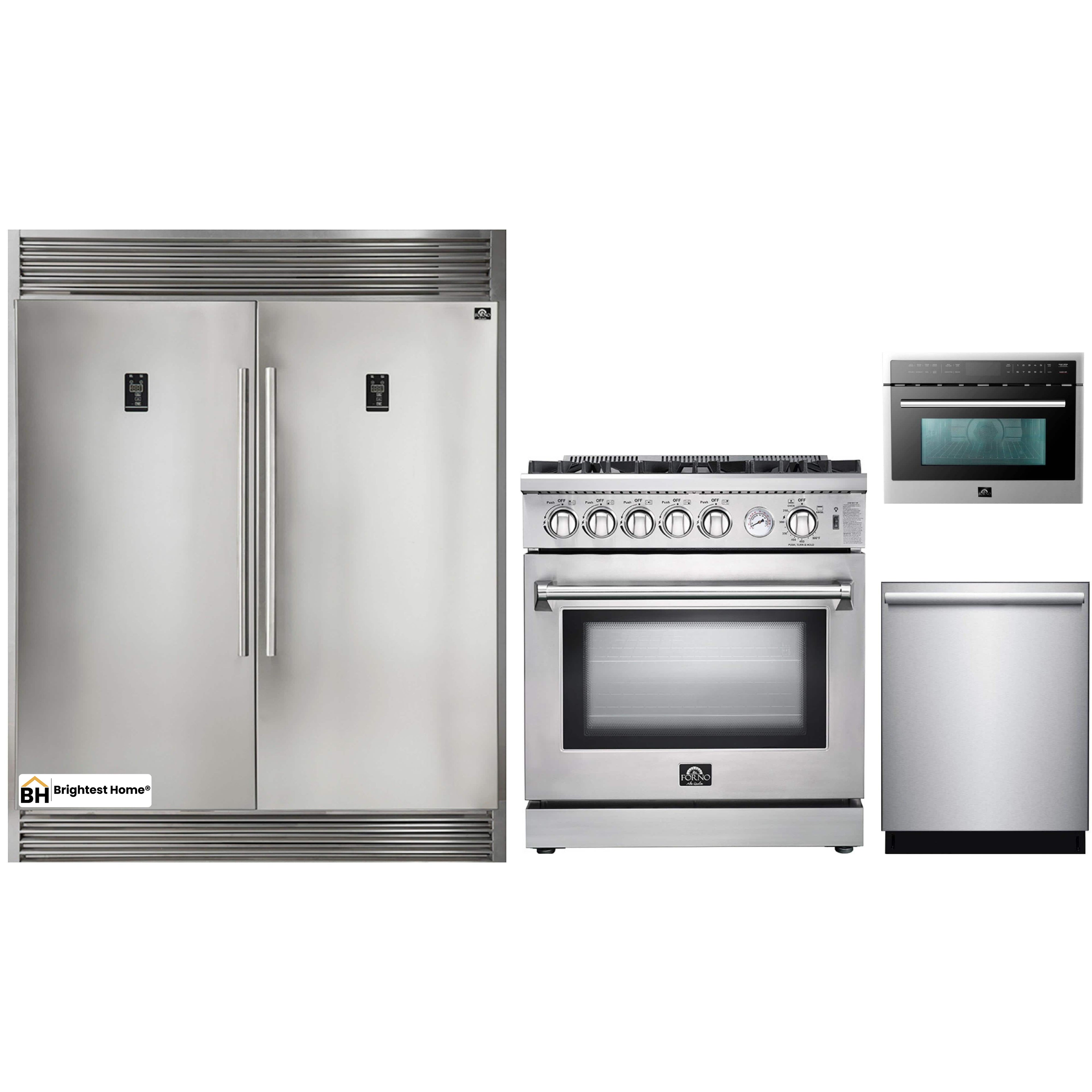 Forno 4-Piece Appliance Package - 30-Inch Gas Range, 56-Inch Pro-Style Refrigerator, Microwave Oven, & 3-Rack Dishwasher in Stainless Steel