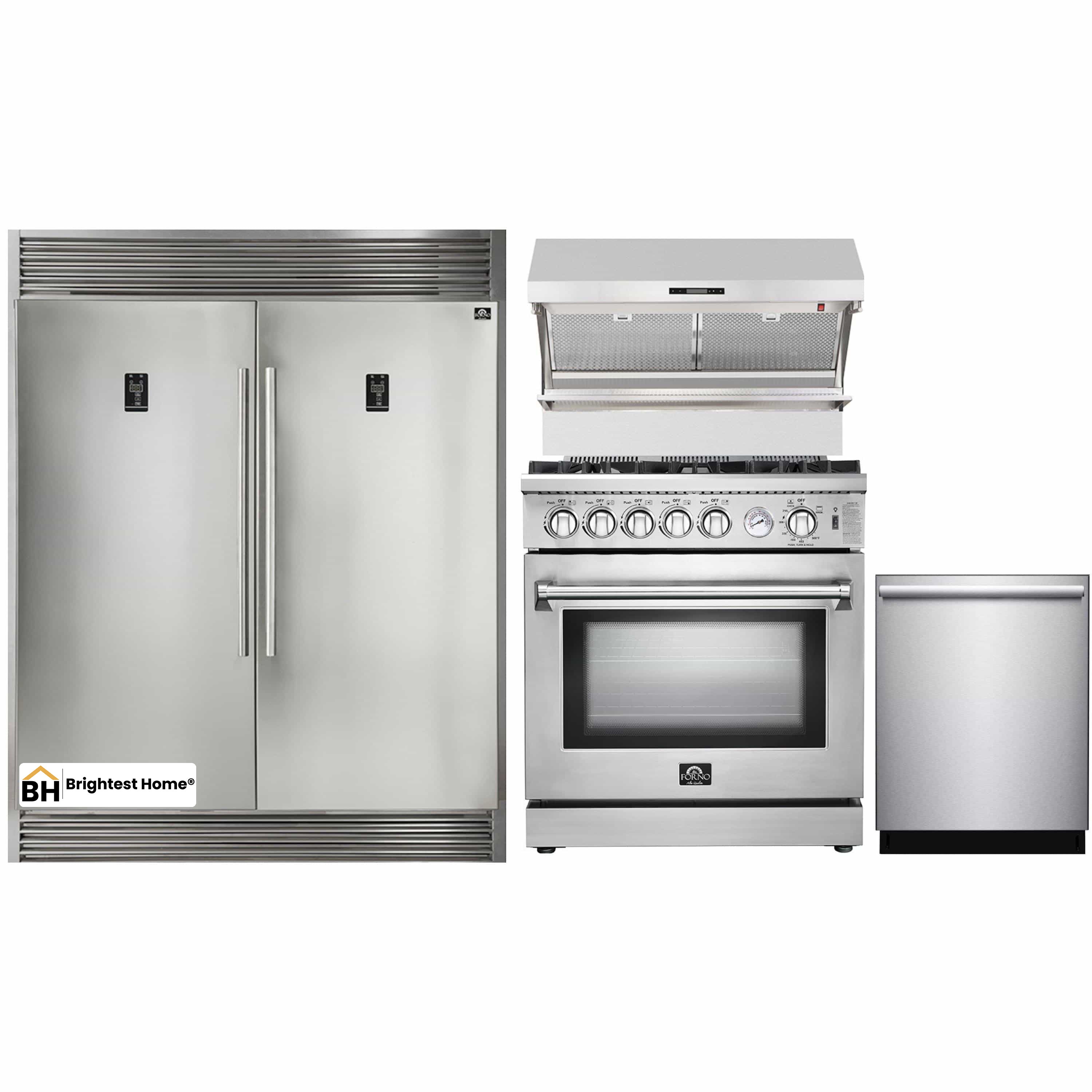 Forno 4-Piece Appliance Package - 30-Inch Gas Range, 56-Inch Pro-Style Refrigerator, Wall Mount Hood with Backsplash, & 3-Rack Dishwasher in Stainless Steel