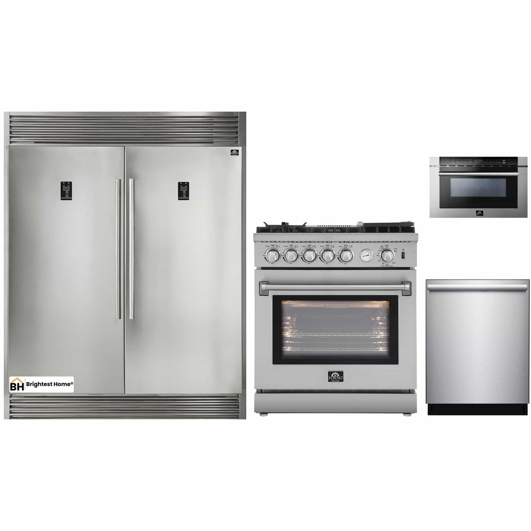 Forno 4-Piece Appliance Package - 30-Inch Gas Range with Air Fryer, 56-Inch Pro-Style Refrigerator, Microwave Drawer, & 3-Rack Dishwasher in Stainless Steel