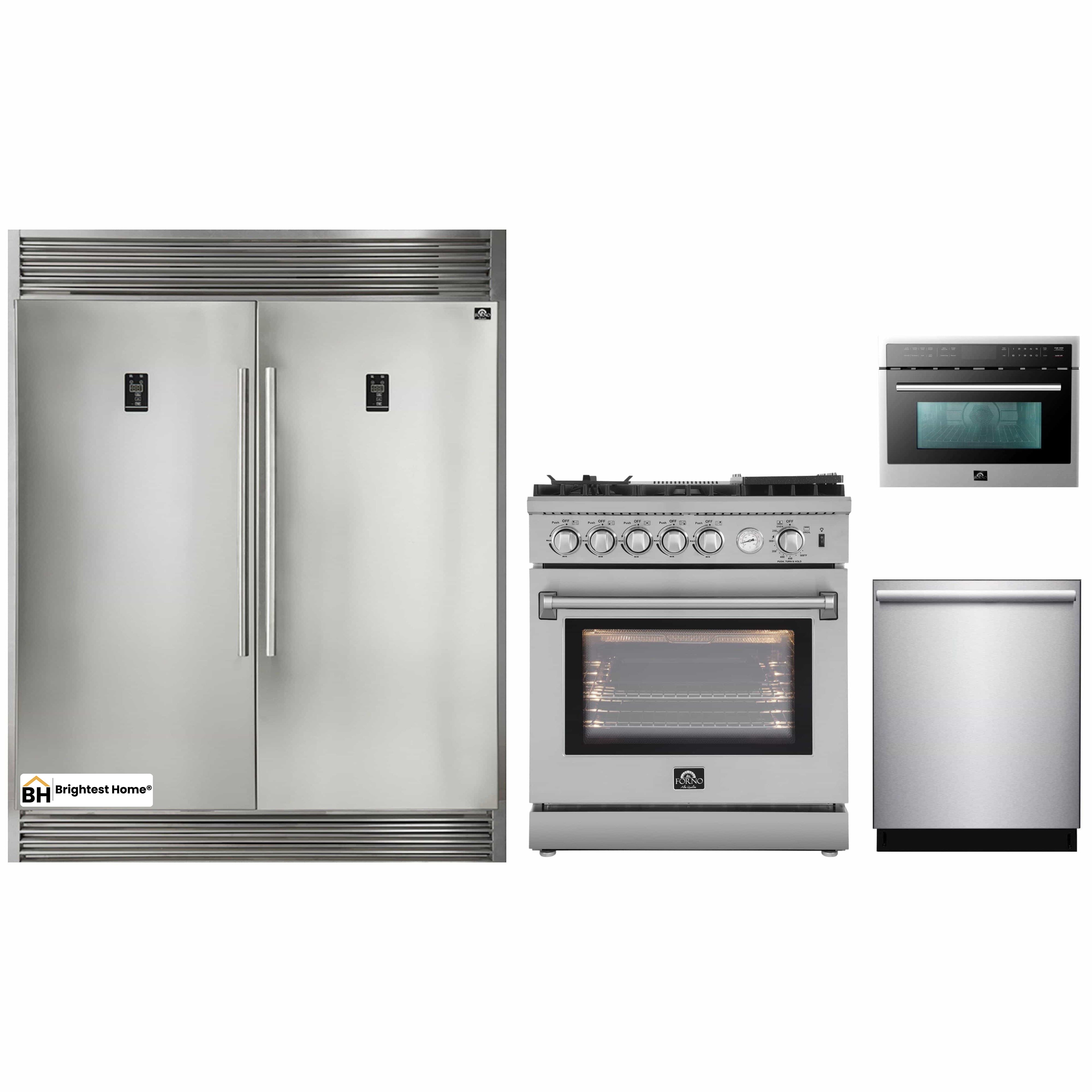 Forno 4-Piece Appliance Package - 30-Inch Gas Range with Air Fryer, 56-Inch Pro-Style Refrigerator, Microwave Oven, & 3-Rack Dishwasher in Stainless Steel