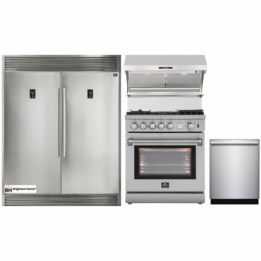 Forno 4-Piece Appliance Package - 30-Inch Gas Range with Air Fyer, 56-Inch Pro-Style Refrigerator, Wall Mount Hood with Backsplash, & 3-Rack Dishwasher in Stainless Steel