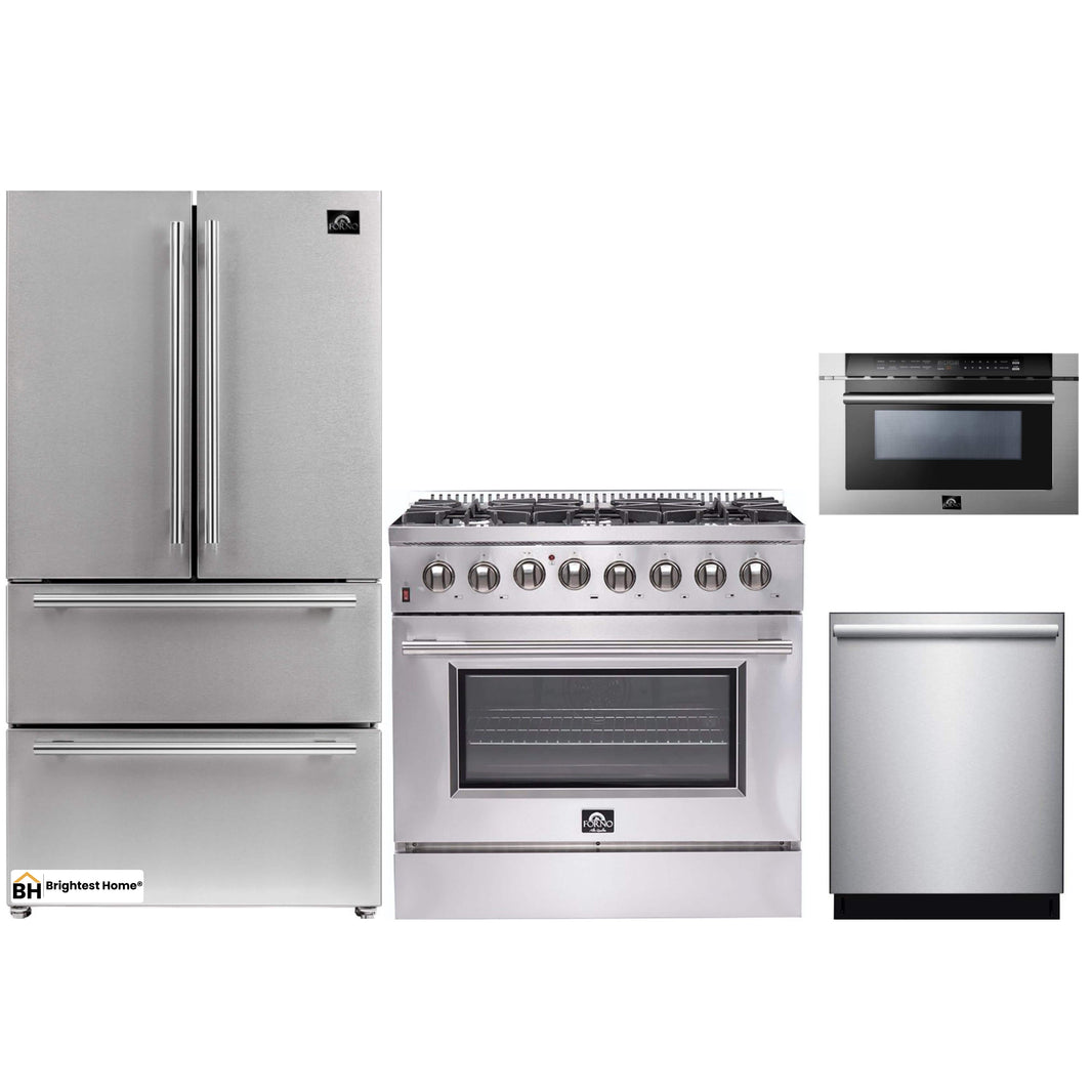 Forno 4-Piece Appliance Package - 36-Inch Dual Fuel Range, Refrigerator, Microwave Drawer, & 3-Rack Dishwasher in Stainless Steel