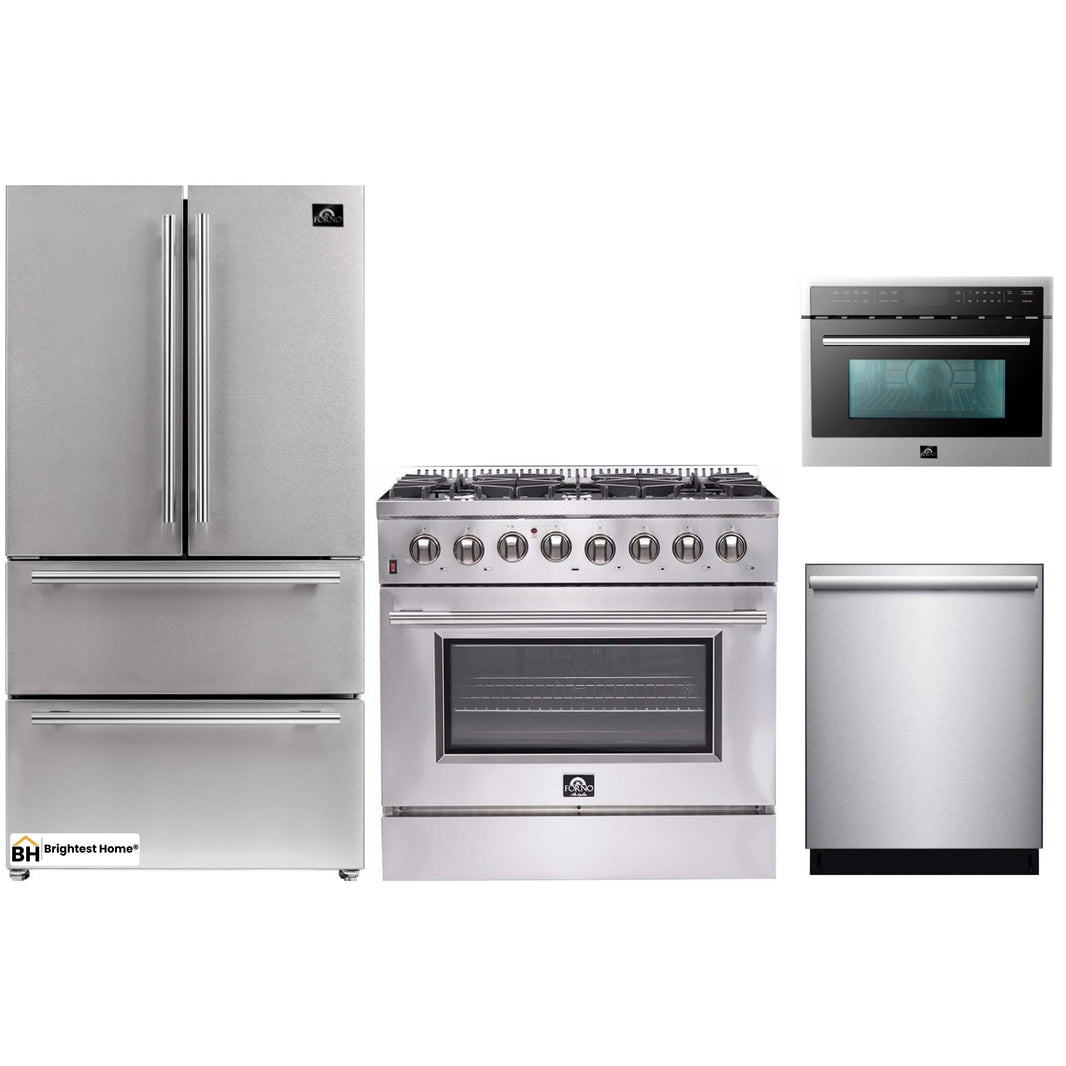 Forno 4-Piece Appliance Package - 36-Inch Dual Fuel Range, Refrigerator, Microwave Oven, & 3-Rack Dishwasher in Stainless Steel