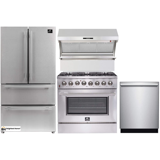 Forno 4-Piece Appliance Package - 36-Inch Dual Fuel Range, Refrigerator, Wall Mount Hood with Backsplash, & 3-Rack Dishwasher in Stainless Steel