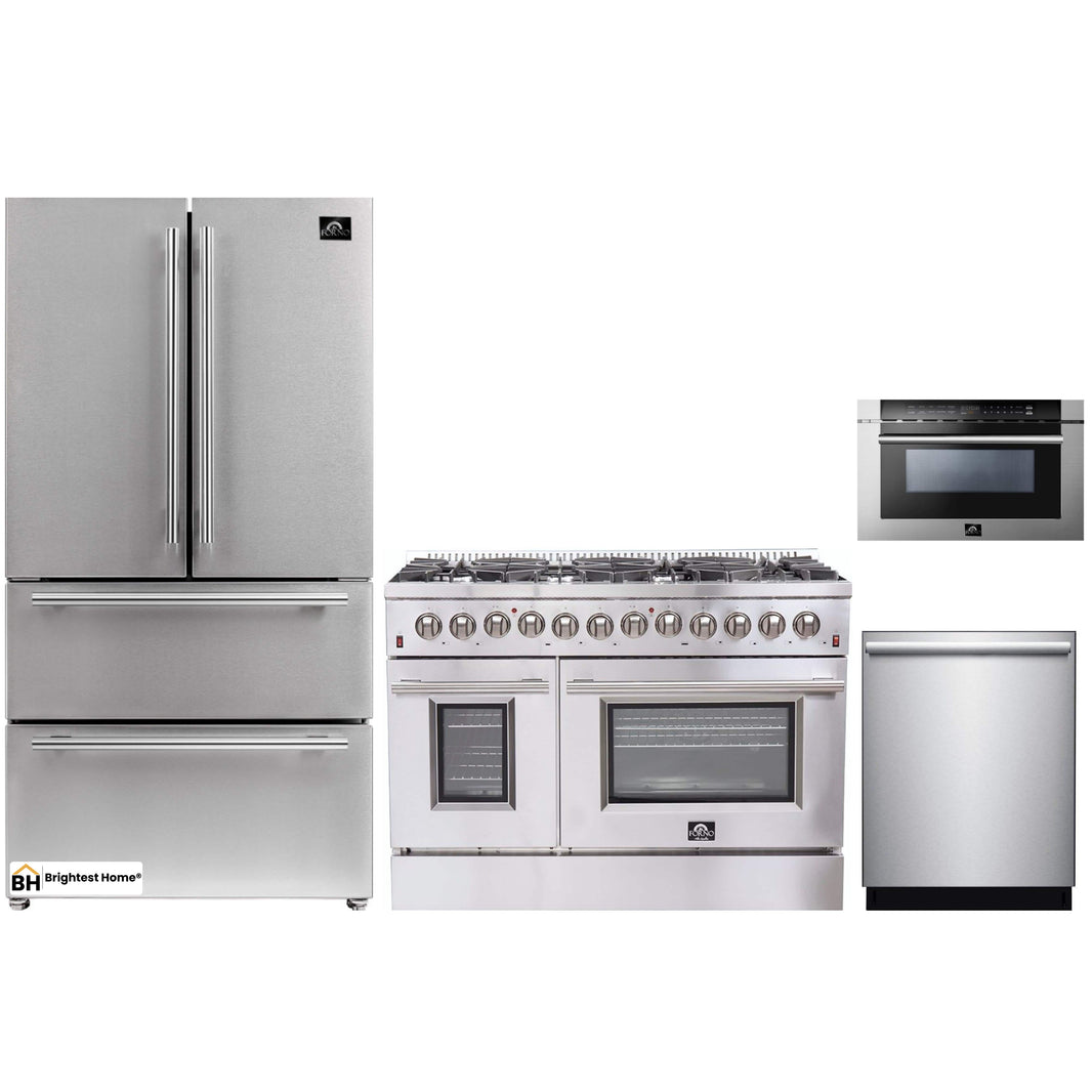 Forno 4-Piece Appliance Package - 48-Inch Dual Fuel Range, Refrigerator, Microwave Drawer, & 3-Rack Dishwasher in Stainless Steel