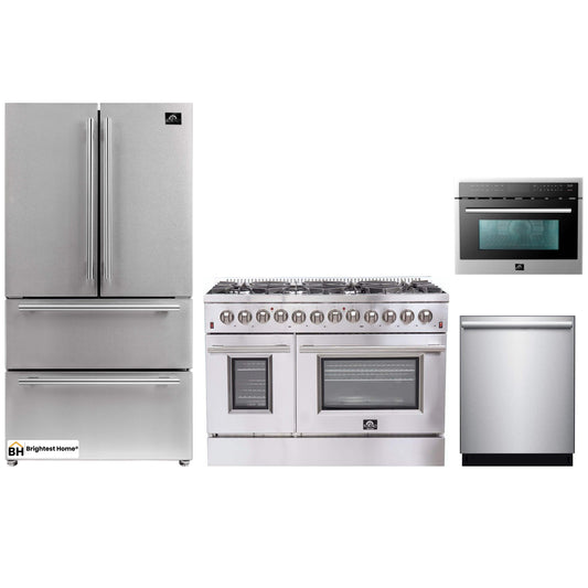 Forno 4-Piece Appliance Package - 48-Inch Dual Fuel Range, Refrigerator, Microwave Oven, & 3-Rack Dishwasher in Stainless Steel