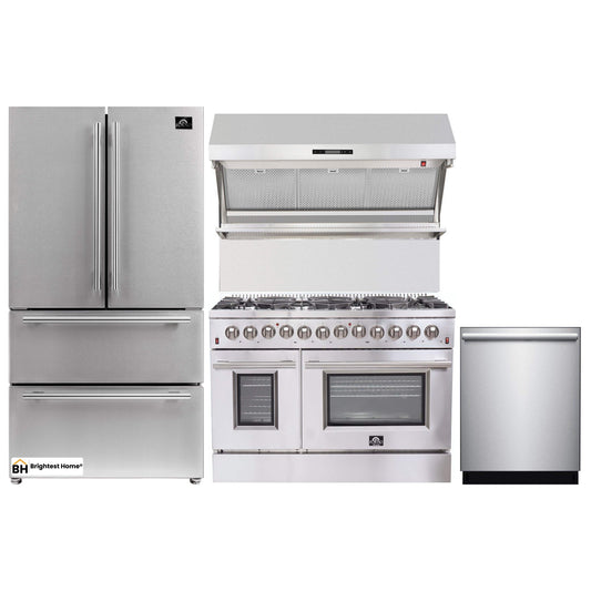 Forno 4-Piece Appliance Package - 48-Inch Dual Fuel Range, Refrigerator, Wall Mount Hood with Backsplash, & 3-Rack Dishwasher in Stainless Steel