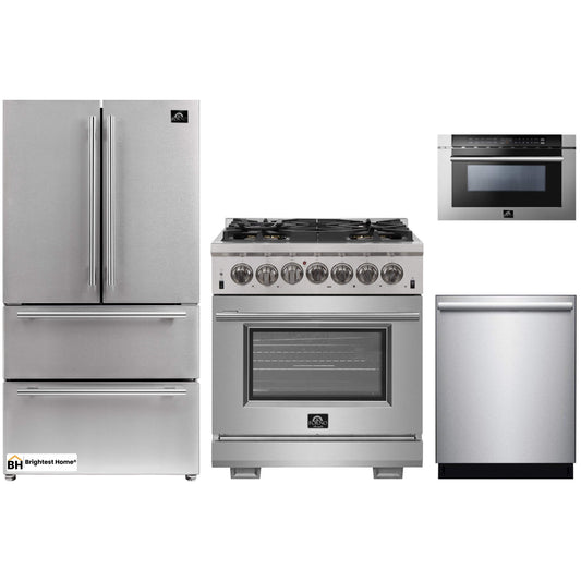 Forno 4-Piece Pro Appliance Package - 30-Inch Dual Fuel Range, Refrigerator, Microwave Drawer, & 3-Rack Dishwasher in Stainless Steel