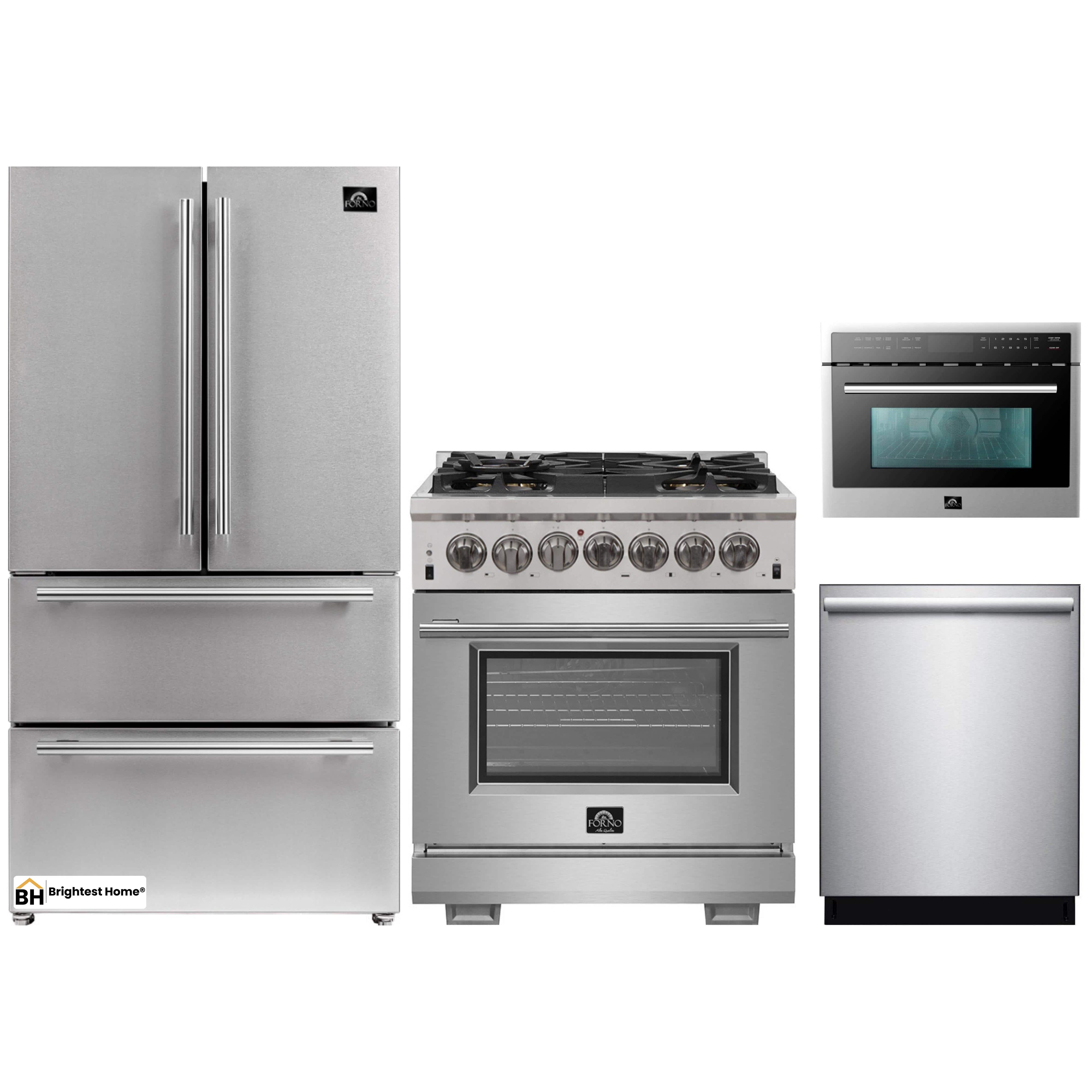 Forno 4-Piece Pro Appliance Package - 30-Inch Dual Fuel Range, Refrigerator, Microwave Oven, & 3-Rack Dishwasher in Stainless Steel