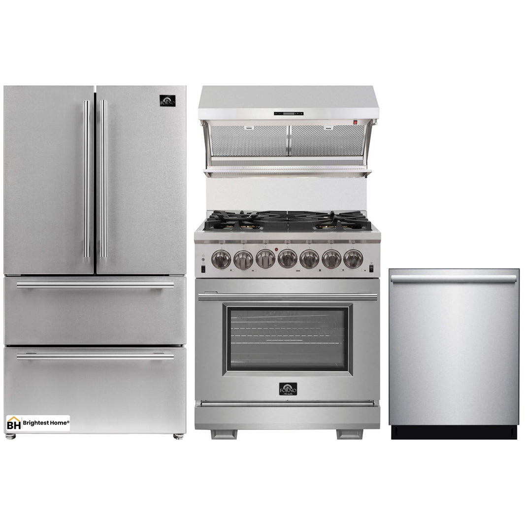 Forno 4-Piece Pro Appliance Package - 30-Inch Dual Fuel Range, Premium Hood, French Door Refrigerator, and Dishwasher in Stainless Steel