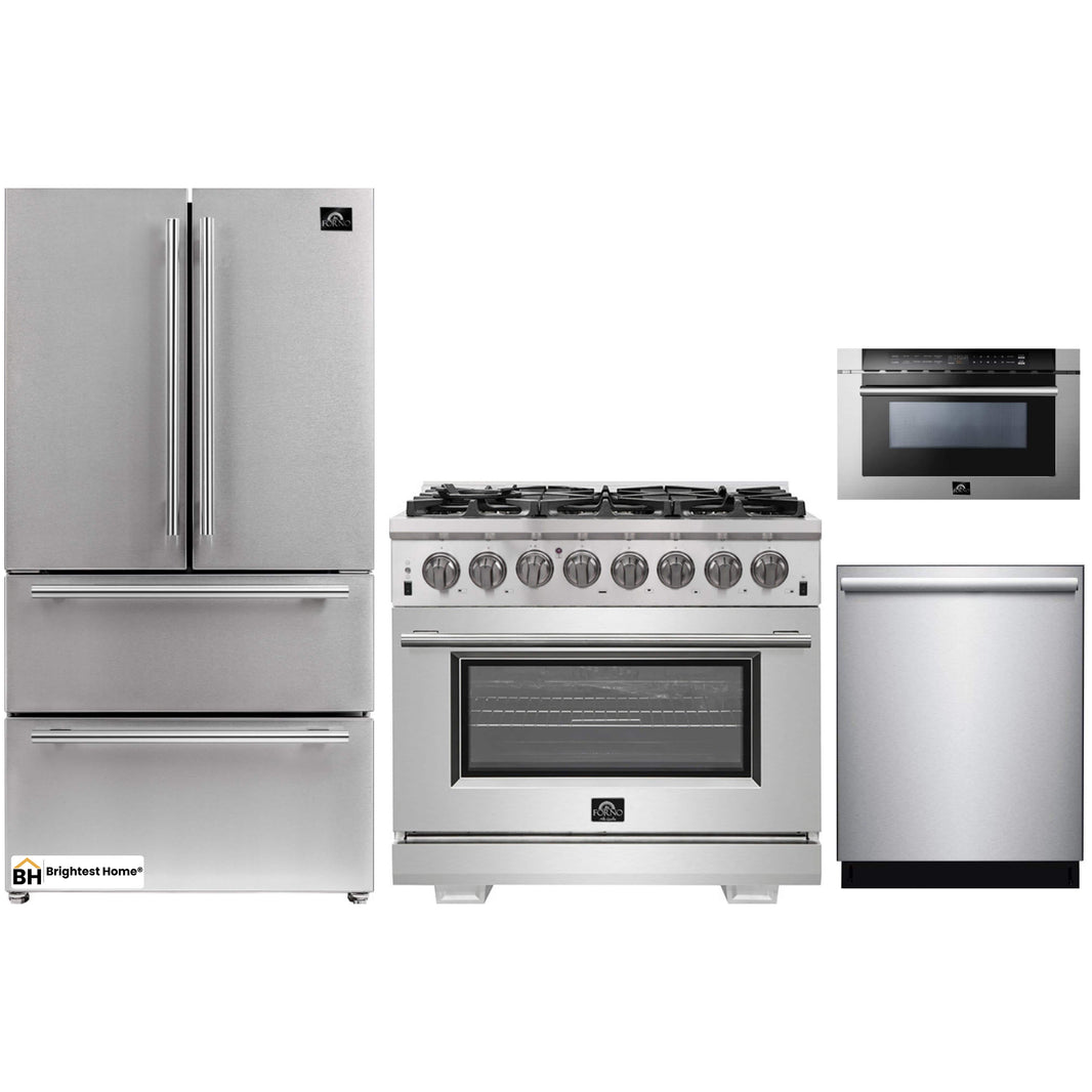 Forno 4-Piece Pro Appliance Package - 36-Inch Dual Fuel Range, Refrigerator, Microwave Drawer, & 3-Rack Dishwasher in Stainless Steel