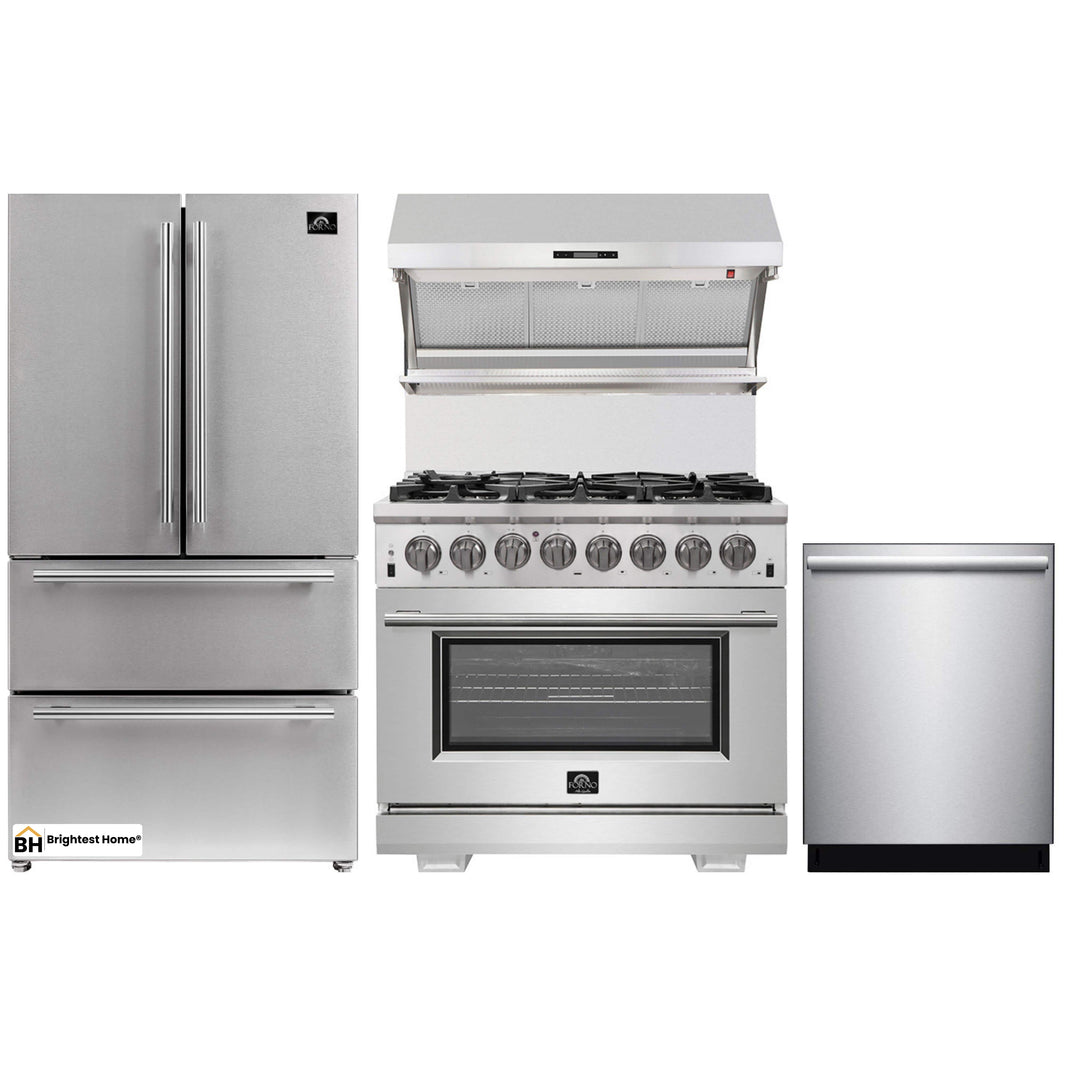 Forno 4-Piece Pro Appliance Package - 36-Inch Dual Fuel Range, French Door Refrigerator, Wall Mount Hood with Backsplash, and Dishwasher in Stainless Steel