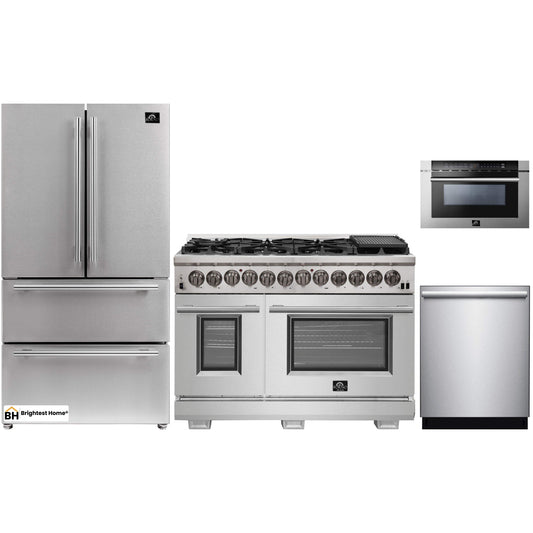 Forno 4-Piece Pro Appliance Package - 48-Inch Dual Fuel Range, Refrigerator, Microwave Drawer, & 3-Rack Dishwasher in Stainless Steel