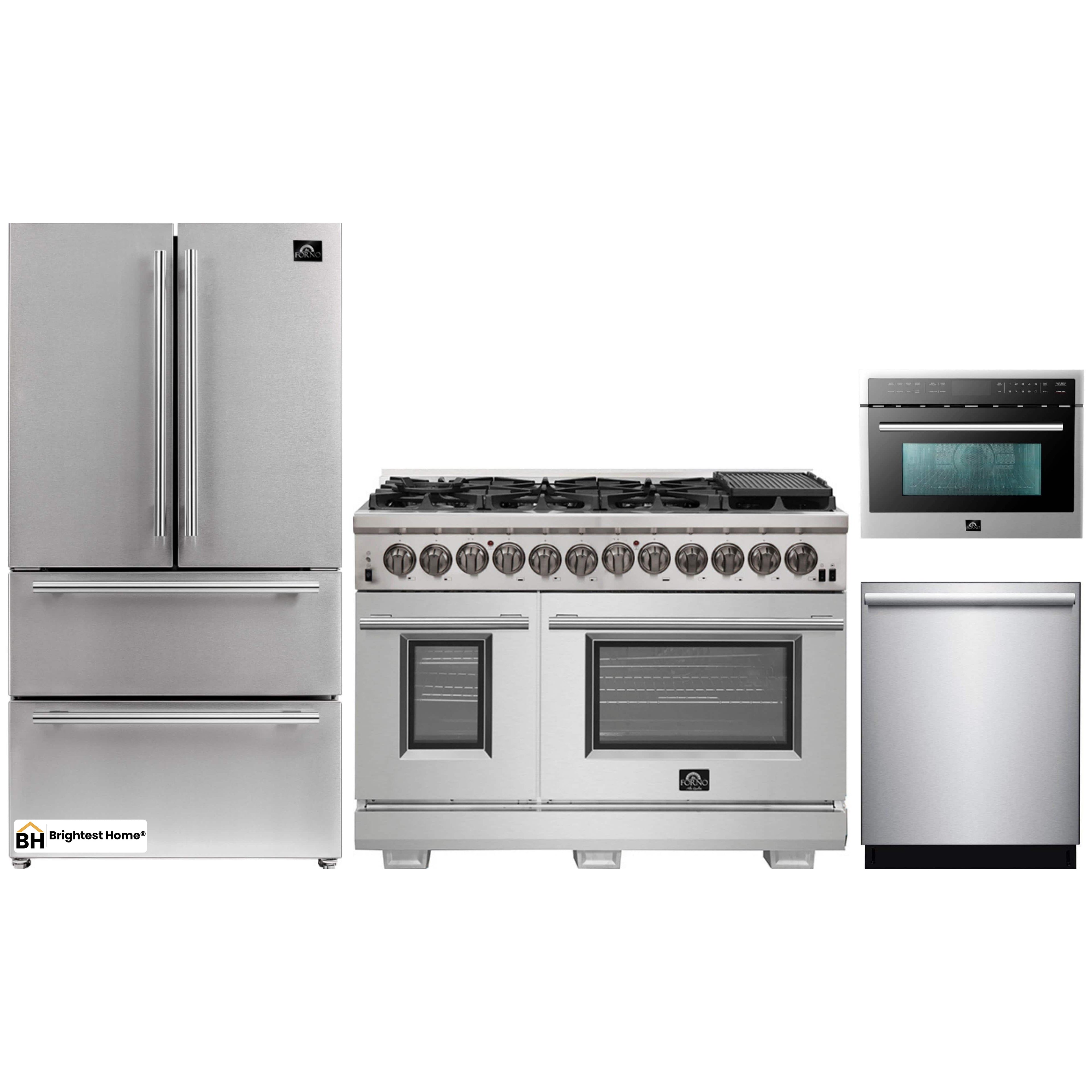 Forno 4-Piece Pro Appliance Package - 48-Inch Dual Fuel Range, Refrigerator, Microwave Oven, & 3-Rack Dishwasher in Stainless Steel