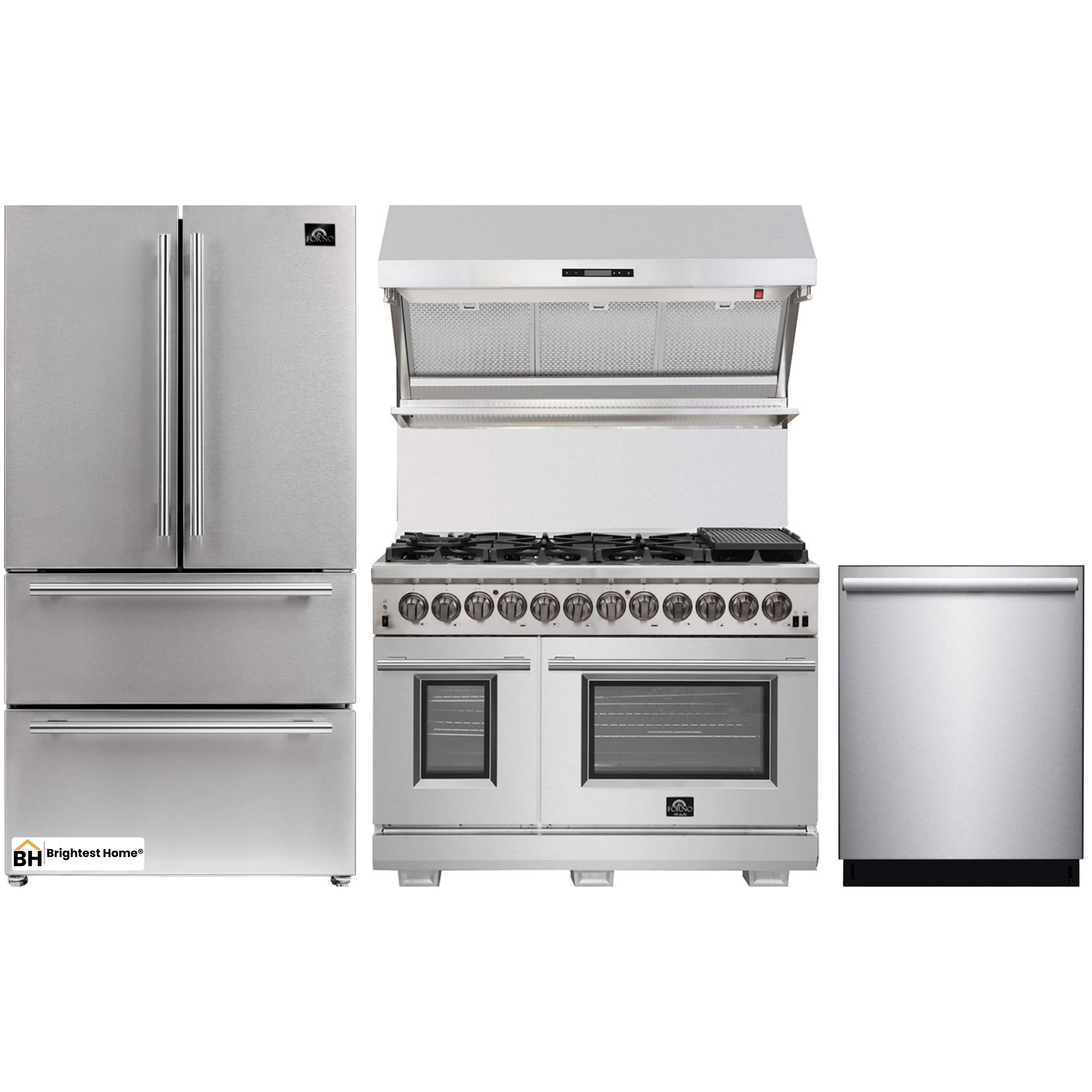 Forno 4-Piece Pro Appliance Package - 48-Inch Dual Fuel Range, 36-Inch French Door Refrigerator, Wall Mount Hood with Backsplash, & Dishwasher in Stainless Steel