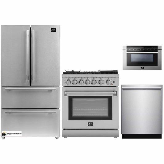 Forno 4-Piece Appliance Package - 30-Inch Dual Fuel Range with Air Fryer, Refrigerator, Microwave Drawer, & 3-Rack Dishwasher in Stainless Steel