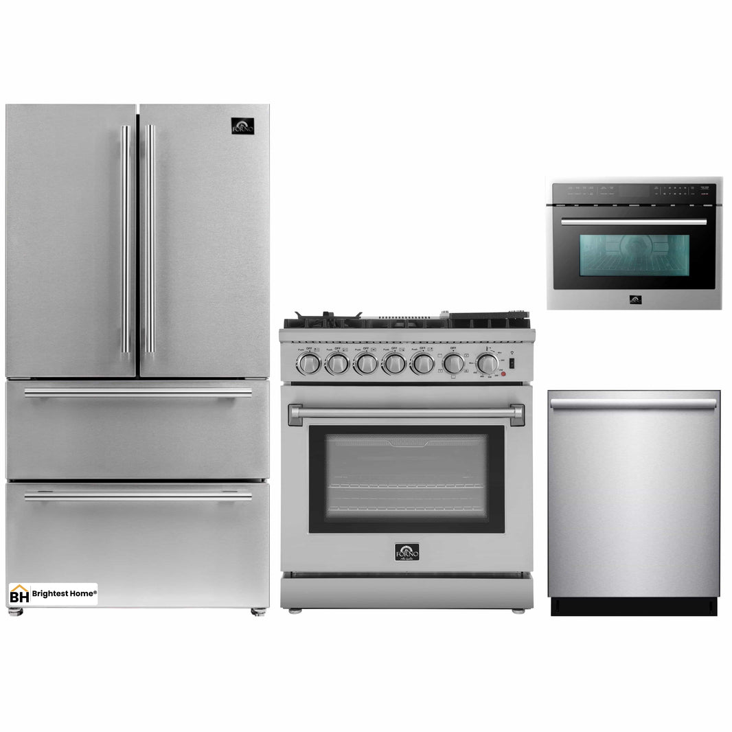 Forno 4-Piece Appliance Package - 30-Inch Dual Fuel Range with Air Fryer, Refrigerator, Microwave Oven, & 3-Rack Dishwasher in Stainless Steel