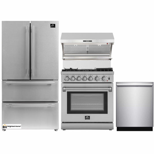 Forno 4-Piece Appliance Package - 30-Inch Dual Fuel Range with Air Fryer, Refrigerator, Wall Mount Hood with Backsplash, & 3-Rack Dishwasher in Stainless Steel