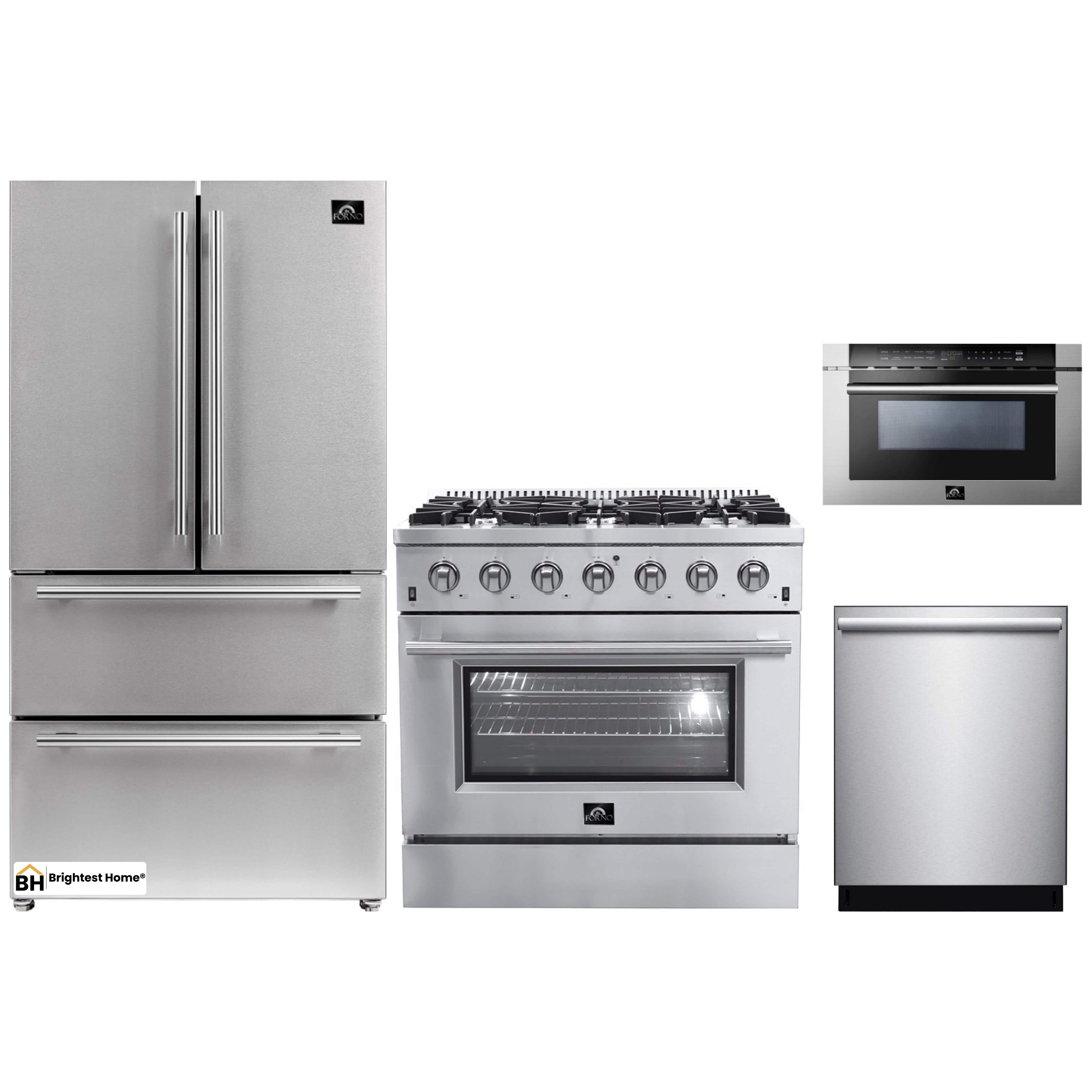 Forno 4-Piece Appliance Package - 36-Inch Gas Range, Refrigerator, Microwave Drawer, & 3-Rack Dishwasher in Stainless Steel