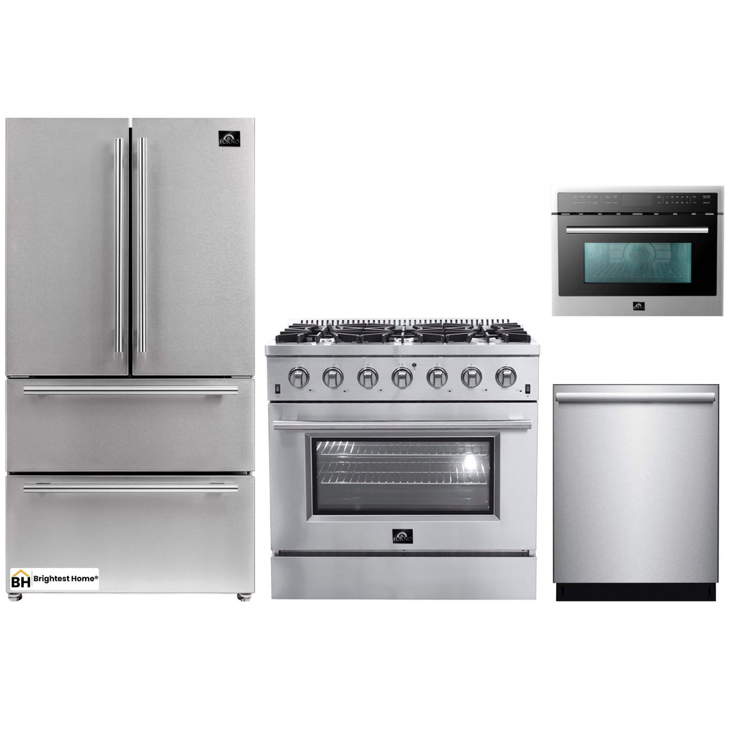 Forno 4-Piece Appliance Package - 36-Inch Gas Range, Refrigerator, Microwave Oven, & 3-Rack Dishwasher in Stainless Steel