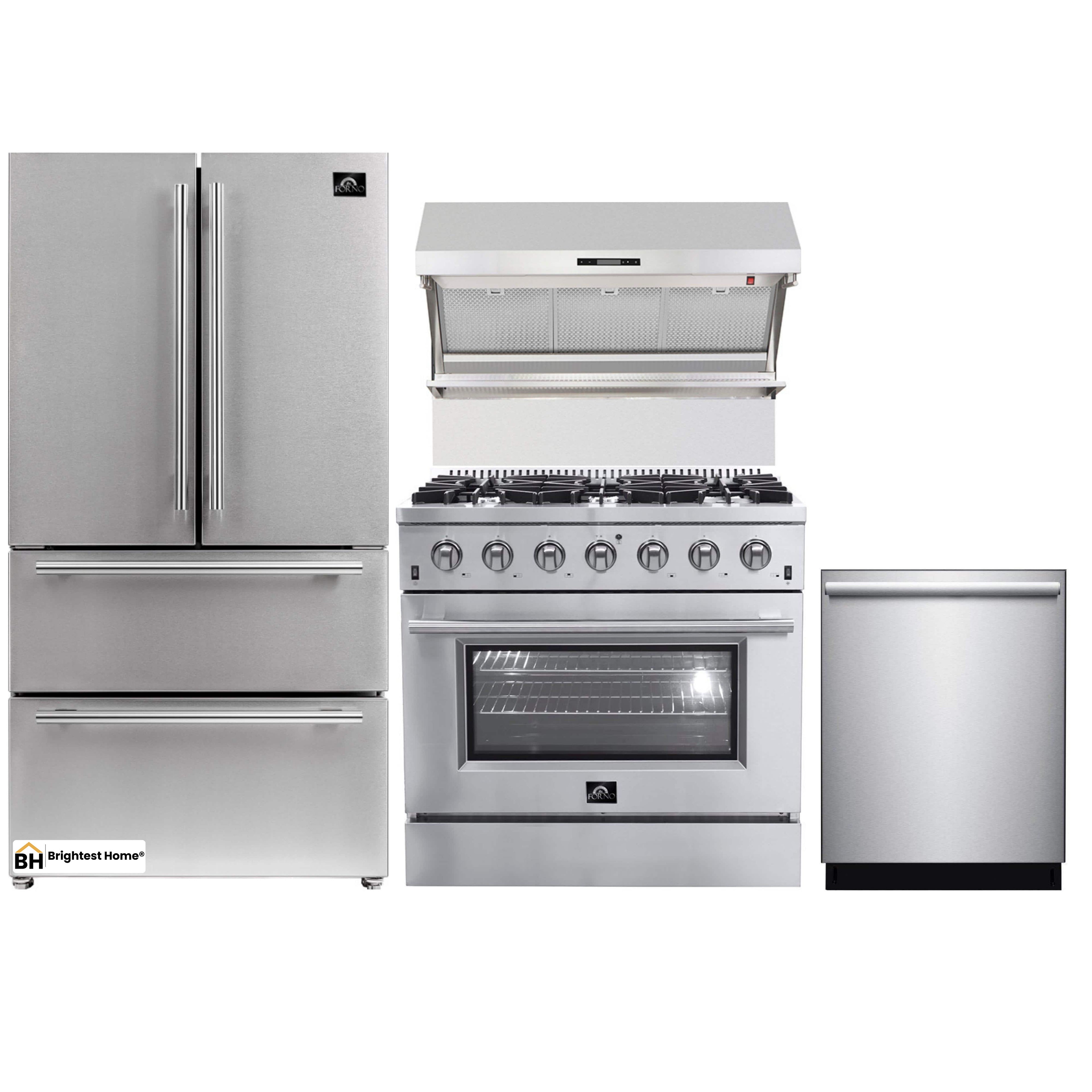 Forno 4-Piece Appliance Package - 36-Inch Gas Range, Refrigerator, Wall Mount Hood with Backsplash, & 3-Rack Dishwasher in Stainless Steel