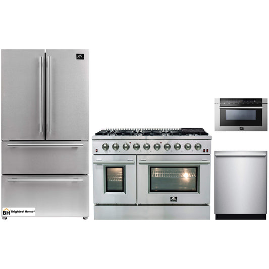 Forno 4-Piece Appliance Package - 48-Inch Gas Range, Refrigerator, Microwave Drawer, & 3-Rack Dishwasher in Stainless Steel