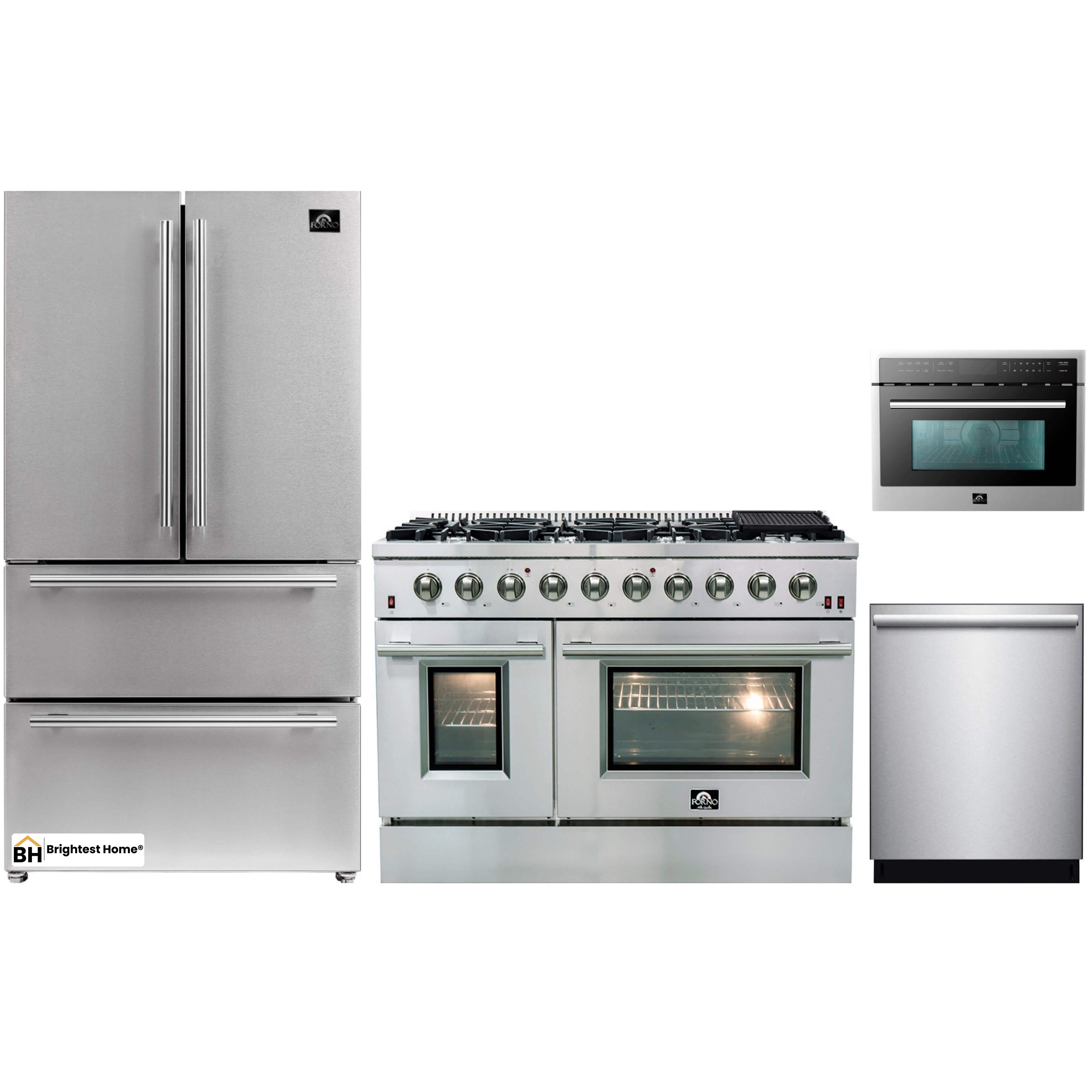 Forno 4-Piece Appliance Package - 48-Inch Gas Range, Refrigerator, Microwave Oven, & 3-Rack Dishwasher in Stainless Steel