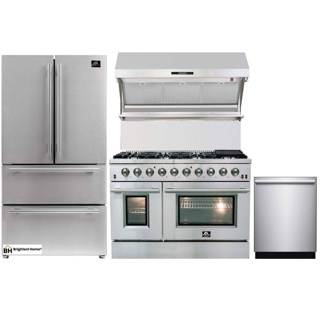 Forno 4-Piece Appliance Package - 48-Inch Gas Range, Refrigerator, Wall Mount Hood with Backsplash, & 3-Rack Dishwasher in Stainless Steel