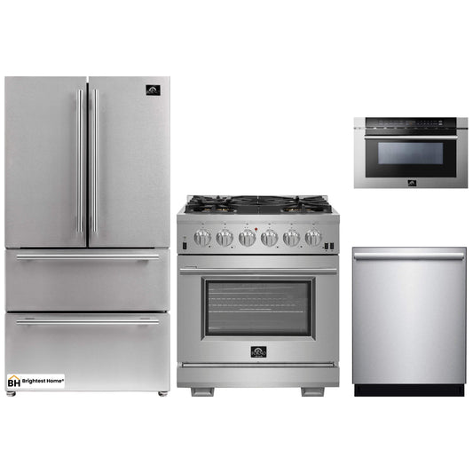 Forno 4-Piece Pro Appliance Package - 30-Inch Gas Range, Refrigerator, Microwave Drawer, & 3-Rack Dishwasher in Stainless Steel