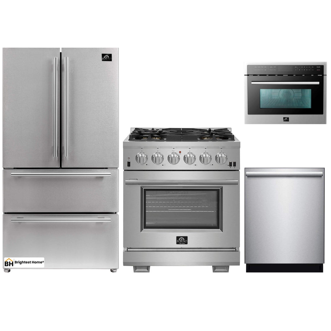 Forno 4-Piece Pro Appliance Package - 30-Inch Gas Range, Refrigerator, Microwave Oven, & 3-Rack Dishwasher in Stainless Steel