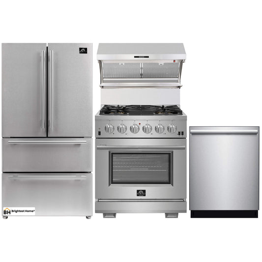 Forno 4-Piece Pro Appliance Package - 30-Inch Gas Range, French Door Refrigerator, Wall Mount Hood with Backsplash, and Dishwasher in Stainless Steel