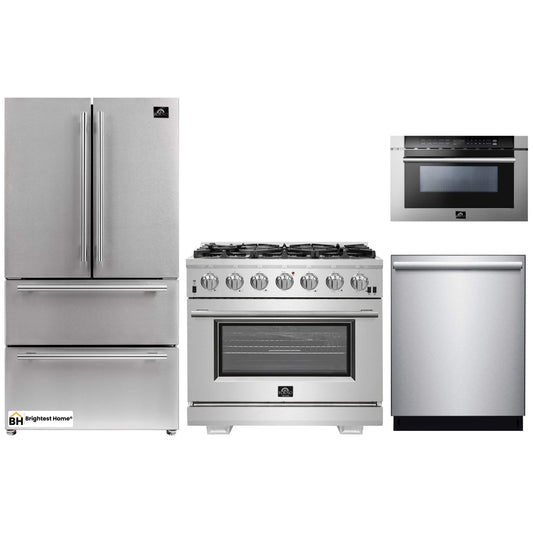 Forno 4-Piece Pro Appliance Package - 36-Inch Gas Range, Refrigerator, Microwave Drawer, & 3-Rack Dishwasher in Stainless Steel