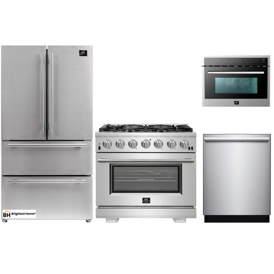 Forno 4-Piece Pro Appliance Package - 36-Inch Gas Range, Refrigerator, Microwave Oven, & 3-Rack Dishwasher in Stainless Steel