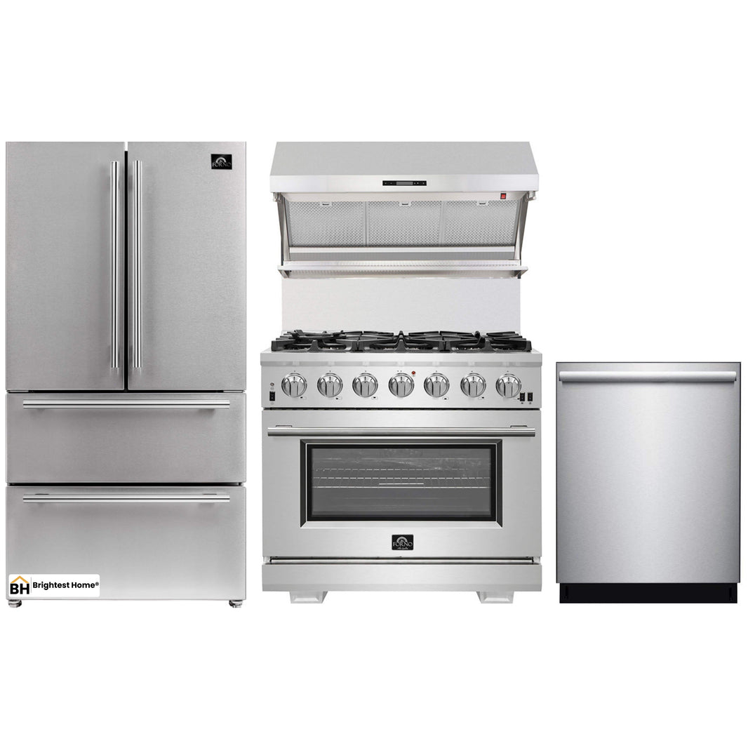 Forno 4-Piece Pro Appliance Package - 36-Inch Gas Range, Wall Mount Hood with Backsplash, 36-Inch French Door Refrigerator, and Dishwasher in Stainless Steel