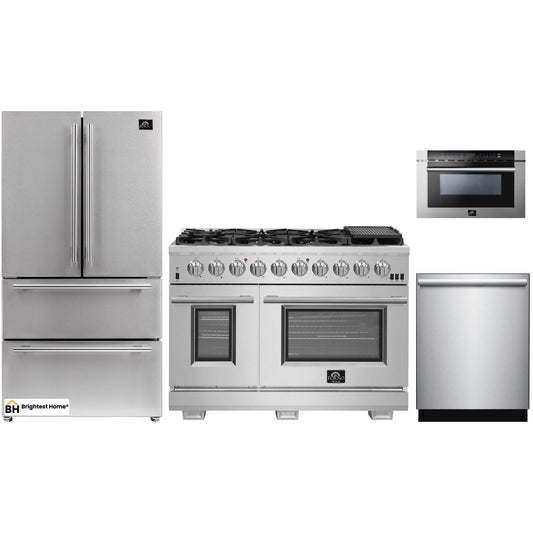 Forno 4-Piece Pro Appliance Package - 48-Inch Gas Range, Refrigerator, Microwave Drawer, & 3-Rack Dishwasher in Stainless Steel