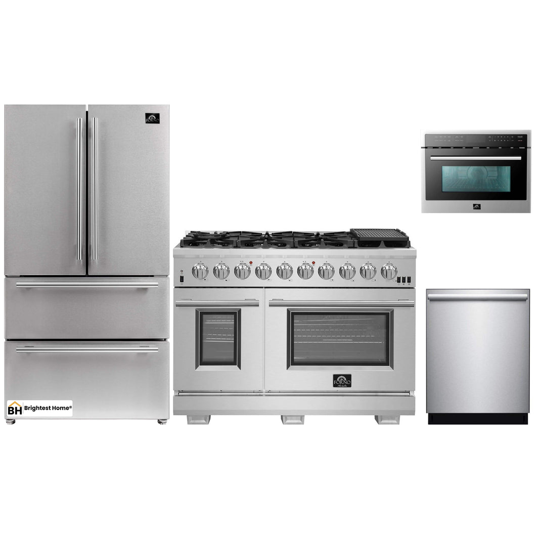 Forno 4-Piece Pro Appliance Package - 48-Inch Gas Range, Refrigerator, Microwave Oven, & 3-Rack Dishwasher in Stainless Steel