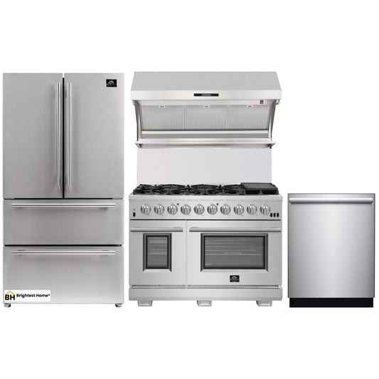 Forno 4-Piece Pro Appliance Package - 48-Inch Gas Range, Premium Hood, French Door Refrigerator, and Dishwasher in Stainless Steel