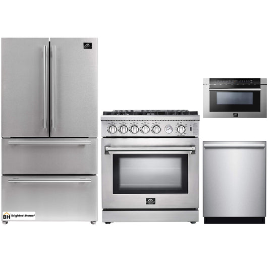 Forno 4-Piece Appliance Package - 30-Inch Gas Range, Refrigerator, Microwave Drawer, & 3-Rack Dishwasher in Stainless Steel