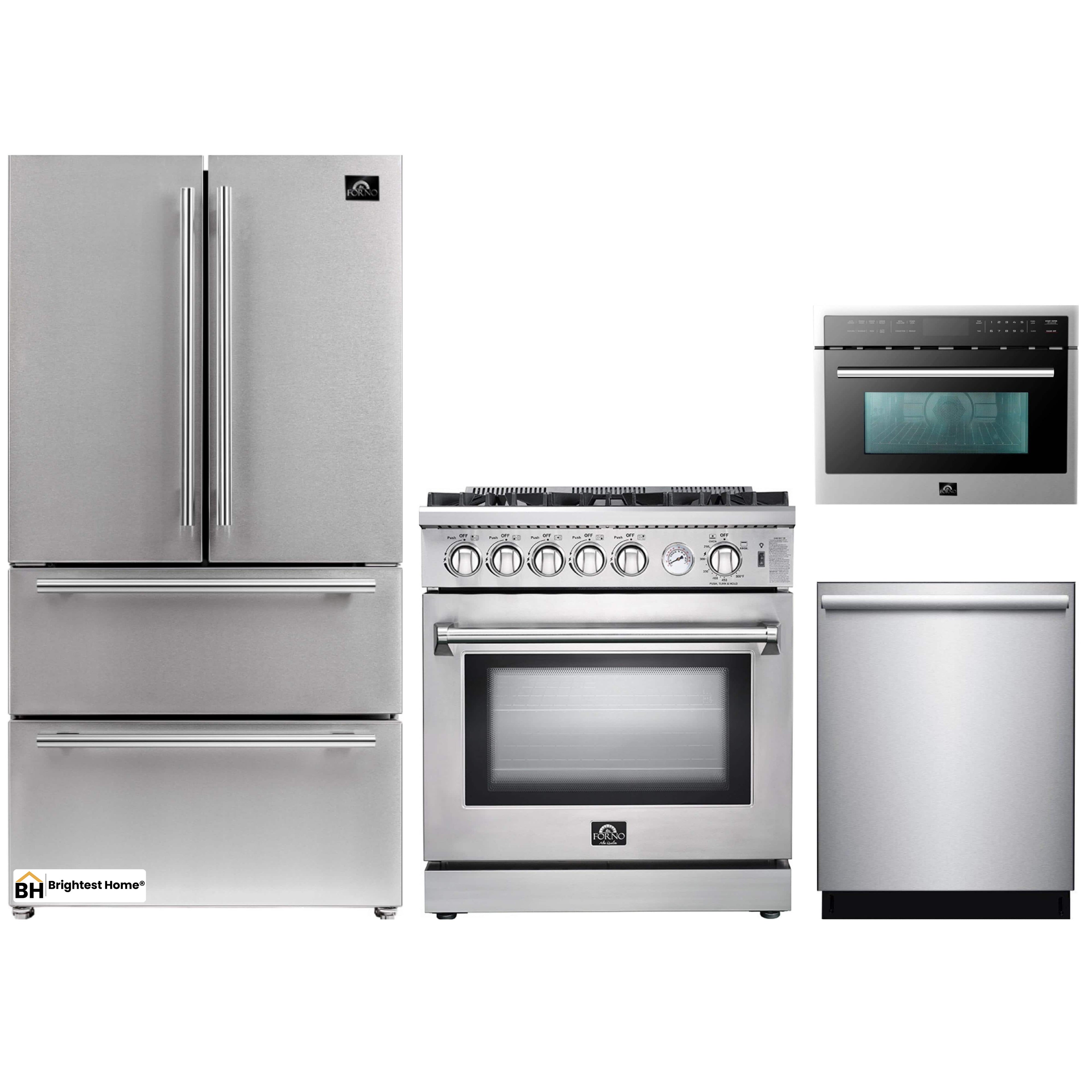 Forno 4-Piece Appliance Package - 30-Inch Gas Range, Refrigerator, Microwave Oven, & 3-Rack Dishwasher in Stainless Steel