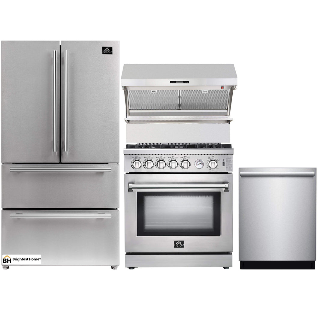 Forno 4-Piece Appliance Package - 30-Inch Gas Range, Refrigerator, Wall Mount Hood with Backsplash, & 3-Rack Dishwasher in Stainless Steel